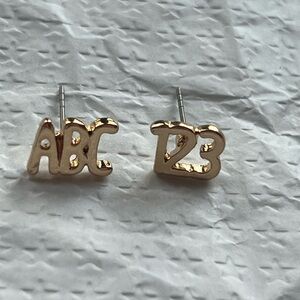 Letters and Numbers gold toned stud earrings for teachers ABC 123